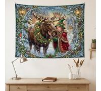 Tapiz de escena navideña de alces y hadas de bosque de invierno, 101,6 x | Escena de bosque de invierno, tapiz para colgar en la pared, ilustración de niña de hadas, corona de acebo