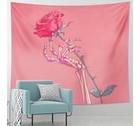 Tapiz de esqueleto con rosas de mano, diseño floral de melocotón, tapices decorativos estéticos para dormitorio, sala de estar, dormitorio, estilo gótico, perfecto para decoración de otoño, 50 x 60