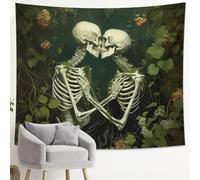 Tapiz de esqueleto gótico, vintage, selva, tropical, amantes de los besos, hojas, plantas, tapiz de poliéster verde, para colgar en la pared, decoración para habitación, dormitorio, sala de estar