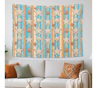 Tapiz de estrella de mar y conchas azul con naranja, colgante de pared decorativo de playa costera, estética náutica para sala de estar, dormitorio, 203 x 152 cm