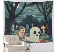Tapiz de fantasma y perro, color verde y azul, decoración de Halloween, bonito tapiz de dibujos animados para dormitorio, sala de estar, dormitorio, tapices estéticos divertidos de 60 x 80 pulgadas