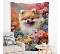 Tapiz de flores de perro Pomerania, arte floral colorido para primavera, bonito cachorro decorativo para colgar en sala de estar, dormitorio, decoración estética del hogar, 70 x 90 pulgadas