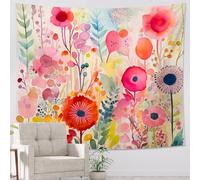 Tapiz de flores de una sola pieza con diseño de hojas de cabaña floral de acuarela con plantas rústicas, rosa, amarillo, rojo, telón de fondo de poliéster decorativo, cabecero de pared, sofá, oficina