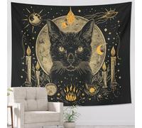 Tapiz de gato de brujería, luna, sol, estrellas, animales, vela, celestial, medieval, tarot, bruja, negro, poliéster, telón de fondo para dormitorio, sala de estar, accesorios horizontales, 152 x 127