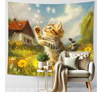 Tapiz de gato de primavera jugando con dientes de león, coloridos animales lindos para colgar en la pared, decoración estética floral para dormitorio, sala de estar, 60 x 50 pulgadas