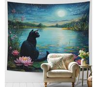 Tapiz de gato, lirios de agua iluminados por la luna, tapiz de naturaleza etérea para sala de estar, dormitorio, decoración acogedora del hogar, 152 x 101 cm