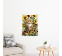 Tapiz de gato naranja, girasol floral para colgar en la pared, bonita decoración de animales para primavera y verano, estética en dormitorio o sala de estar, 91 x 122 cm