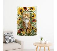 Tapiz de gato naranja, girasol floral para colgar en la pared, bonita decoración de animales para primavera y verano, estética en dormitorio o sala de estar, 101 x 152 cm