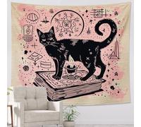 Tapiz de gato negro, bohemio, vela, estrellas, bruja, retro, astrología, tarot, gótico, rosa, negro, poliéster, telón de fondo para dormitorio, sala de estar, accesorios, tapiz horizontal de techo