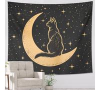 Tapiz de gato negro, estrellas, noche, luna, animales, bohemio, bruja, negro, poliéster, para cubrir la pared, telón de fondo para dormitorio, sala de estar, accesorios horizontales, 152 x 101 cm