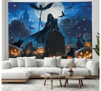 Tapiz de Halloween, Calabaza esqueleto Motorista fantasma elón de Fondo,Halloweens Fotografía Fiesta Decoración Mural Decoración de la pared 130x150cm azul