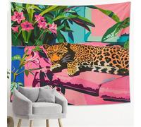 Tapiz de leopardo floral tropical melocotón, exótico jungla bohemio decorativo para colgar en la pared, obra de arte retro de animales salvajes para dormitorio, sala de estar, dormitorio, 50 x 60