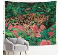 Tapiz de leopardo y niña de la selva, floral verde bohemio decorativo para colgar en la pared, tapiz de naturaleza estético para dormitorio, sala de estar, dormitorio, 50 x 60 pulgadas