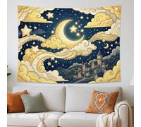 Tapiz de luna y estrellas, color amarillo y azul, diseño de nubes fantásticas para colgar en la pared, estética celestial para dormitorio, sala de estar, dormitorio, 80 x 60 pulgadas