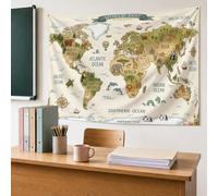 Tapiz de mapa del mundo, continentes vintage educativos, océanos, beige, arte grande para colgar en la pared del aula, biblioteca, 60 x 50 pulgadas
