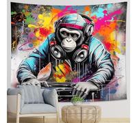 Tapiz de mono de una pieza con diseño de graffiti con diseño de animales divertidos tocando música, hippie, blanco, naranja, poliéster, telón de fondo decorativo, sofá, oficina, club, bar, techo