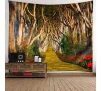 Tapiz de naturaleza para dormitorio, pequeño, 149.9 x 129.5 cm, camino con flores rojas y árbol marrón a lado, tapices para sala de estar, decoración del hogar
