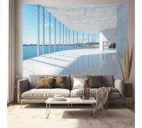 Tapiz de Paisaje, Arquitectura Moderna Tema Mar Cielo Telón de Fondo, Fotografía Fiesta Tapiz Mural, Tapices para Sala Dormitorio Decoración de la Pared 200x150cm, Azul y blanco