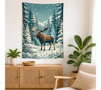 Tapiz de paisaje de bosque de alces de invierno, 76,2 x 101,6 cm | Escena de bosque nevado, colgante de pared de tela, arte de vida silvestre del bosque, tema de naturaleza rústica