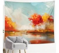 Tapiz de paisaje de bosque otoñal, árboles rojos y amarillos, decoración para colgar en la pared, tapices pacíficos estéticos para sala de estar, dormitorio, 101 x 152 cm