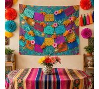Tapiz de papel picado con temática de fiesta mexicana, 101,6 x 76,2 cm | Vibrantes motivos de calavera de azúcar, tela para colgar en la pared, detalles de flores de caléndula