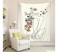 Tapiz de pared abstracto de mujer con mariposa, tapiz minimalista moderno con flores, diseño de plantas, retrato estético, color beige, decoración del hogar, arte para sala de estar, dormitorio (M/130