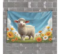 Tapiz de pared con texto en inglés "Felicidad pastoral: un cordero en un jardín de flores", decoración de cueva de hombre y accesorios (75 x 100 cm)