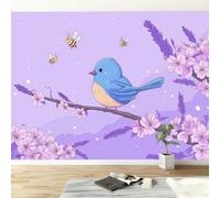 Tapiz de pared de dibujos animados de animales de pájaro, rama, flores fáciles de colocar, papel pintado a medida, morado 350 x 256 cm, póster XXL lavable para habitación infantil y restaurante