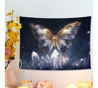 Tapiz de pared dorado con mariposas y cristales, arte decorativo etéreo para sala de estar, dormitorio, dormitorio, decoración estética bohemia del hogar, 101 x 76 cm
