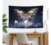 Tapiz de pared dorado con mariposas y cristales, arte decorativo etéreo para sala de estar, dormitorio, dormitorio, decoración estética bohemia del hogar, 152 x 101 cm