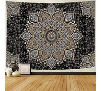 Tapiz De Pared Mandala Negro Y Dorado Flower Tapiz Pared Estético Cubrecama Suave, Para El Hogar, Salón, Dormitorio, 100x150cm