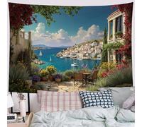 Tapiz de Pared Paisaje Urbano Griego Tapices de Tela Grandes Poliéster Tapiz para Colgar Estilo Mediterráneo Tapices Decorativos para Dormitorio Sala de Estar Casa Ufficio - 150x130 cm, Azul-Verde