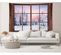 Tapiz De Pared Vista De Ventana De Invierno Bosque Nevado Montaña Nevada De Invierno Atardecer Ventana De Madera Vintage Tapiz Para Colgar Multiuso Tapestry Lavable Paño De Pared Para 130X152CM