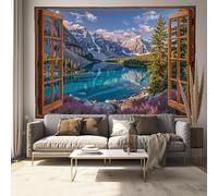 Tapiz De Pared Vista Natural Desde La Ventana, Tapices De Tela Grandes Poliéster, Tapiz Para Colgar Turquesa Montañas Lagos Bosques, Tapices Decorativos Para Dormitorio Sala De Estar Casa, 100X75Cm