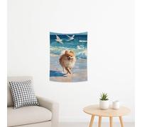 Tapiz de playa de Pomerania, colgante de pared de perro amarillo vibrante, decoración costera de verano, arte divertido de animales para sala de estar, dormitorio, amantes de los perros, 76 x 101 cm