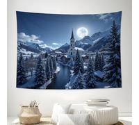 Tapiz De Pueblo De Bosque De Montaña, Paisaje Invernal Tranquilo Tapiz Decoración Del Hogar Mural, Manta De Playa Mantel De Picnic Tapizs De Pared Dormitorio Sala De Estar 100x75cm, Azul Profundo