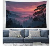 Tapiz De Resplandor Del Atardecer Montañas Pinos, Paisaje De Puesta De Sol En Un Bosque De Montaña Para Colgar En La Pared De Dormitorio, Sala De Estar, Habitación O Decoración Del Hogar 150x130cm