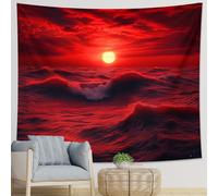 Tapiz de una pieza con diseño de amanecer, naturaleza, sol, ondas, mar, océano, paisaje, nube, artístico, rojo, naranja, poliéster, telón de fondo decorativo, dormitorio, cabecero, sofá, oficina