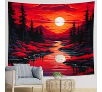 Tapiz de una pieza con diseño de amanecer, paisaje, bosque, río, nube, cielo, piedra, abstracto, rojo, negro, poliéster, telón de fondo decorativo, cabecero, bar, pared, sofá, oficina, dormitorio