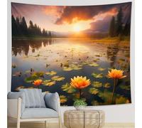 Tapiz de una pieza con diseño de amanecer, paisaje floral, lago, bosque, naturaleza, nube, montaña, cielo, escena, primavera, verde, naranja, poliéster, telón de fondo decorativo, para pared, sala de