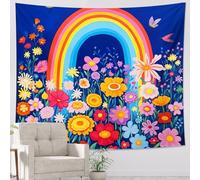 Tapiz de una pieza con diseño de flores, arcoíris, mariposa, botánico, hojas estéticas, floral, azul, amarillo, poliéster, telón de fondo decorativo, para club, bar, techo, sofá, oficina, cabecero