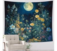 Tapiz de una pieza con diseño de flores, rústico, paisaje, plantas, cielo nocturno, floral, cabaña, azul, amarillo, poliéster, telón de fondo decorativo, para habitación, dormitorio, cabecero, pared