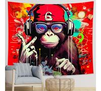 Tapiz de una pieza con diseño de mono, gafas hippie, auriculares, sombrero de música, graffiti, animales, pájaro, rojo, amarillo, poliéster, telón de fondo, decorativo, para casa, oficina, club, bar