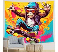 Tapiz de una pieza con diseño de mono, graffiti, divertido animal, monopatín, sombrero, hippie, amarillo, azul, poliéster, telón de fondo decorativo, cabecero, sofá, oficina, dormitorio, cafetería