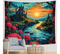 Tapiz de una pieza con diseño de rosa, paisaje, castillo, puesta de sol, flor, río, árbol, nube, estrella, cielo, rojo, naranja, poliéster, decoración para cabecera, bar, sofá, oficina, dormitorio