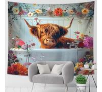 Tapiz de vaca de las Tierras Altas en la bañera, colorido diseño floral de verano, decoración del hogar, perfecto para sala de estar, dormitorio, 101 x 152 cm