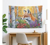 Tapiz de zorro otoñal, colgante de pared floral naranja y violeta vibrante, estética inspirada en la naturaleza para sala de estar, dormitorio, decoración del hogar, 152 x 101 cm