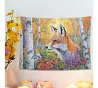 Tapiz de zorro otoñal, colgante de pared floral naranja y violeta vibrante, estética inspirada en la naturaleza para sala de estar, dormitorio, decoración del hogar, 101 x 76 cm