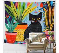 Tapiz decorativo de gato y plantas verdes, colorido floral para colgar en la pared, tapices estéticos para sala de estar, dormitorio, decoración del hogar, 152 x 101 cm