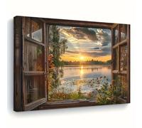 Tapiz decorativo de pared con vista al lago y puesta de sol desde la ventana. Escena de naturaleza tranquila para sala de estar, dormitorio y decoración del hogar (40x60cm (16x24in)/Sin marco).